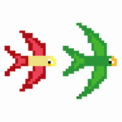 Fototapeta premium Pixel art birds, red and green, minimalist digital illustration retro design