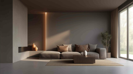 Modern living room in Pantone Mocha Mousse 2025 duotone effect Mocha Mousse Pantone Cool Gray 11 Warm color scheme cozy front view