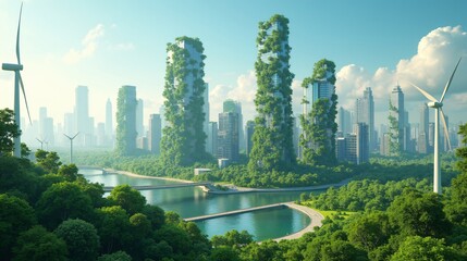 Fototapeta premium A Futuristic City with Green Architecture and Renewable Energy Sources