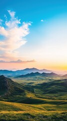 Fototapeta premium Breathtaking sunrise over rolling hills nature landscape serene environment panoramic view