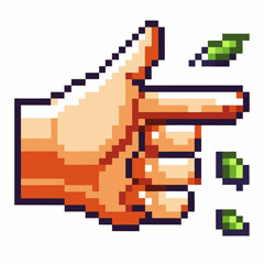 Fototapeta premium Pixel art hand snapping fingers with falling green leaves, retro digital animation