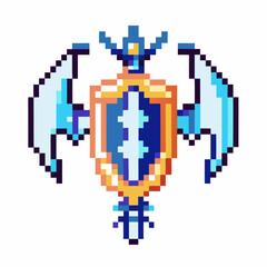 Obraz premium Pixel art medieval shield with winged battle axes, vibrant colors, retro 8 bit fantasy gaming weapon