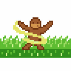 Obraz premium pixel art ninja cat with nunchucks practicing martial arts in grassy field