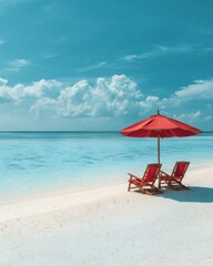 Fototapeta premium Two red beach chairs under an umbrella on a tropical beach with turquoise water and white sand in Maldives
