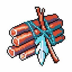 Obraz premium Pixel art dynamite bundle with blue tie and feather accent in retro