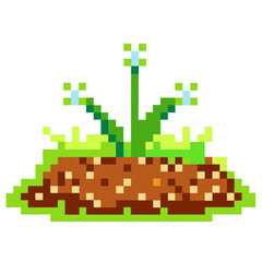 Obraz premium Pixel art nature green plant sprouting from soil, retro video game