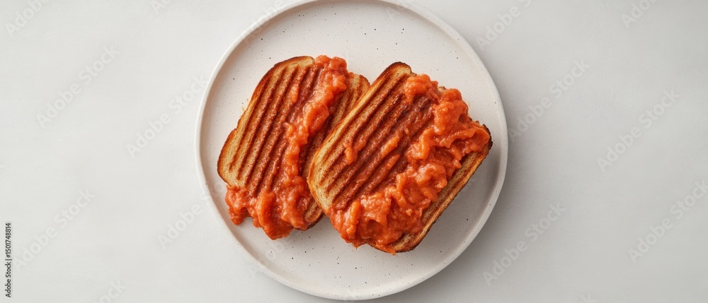 Poster overhead close up of two slices of tomato toast on a speckled plate against a white background in a 