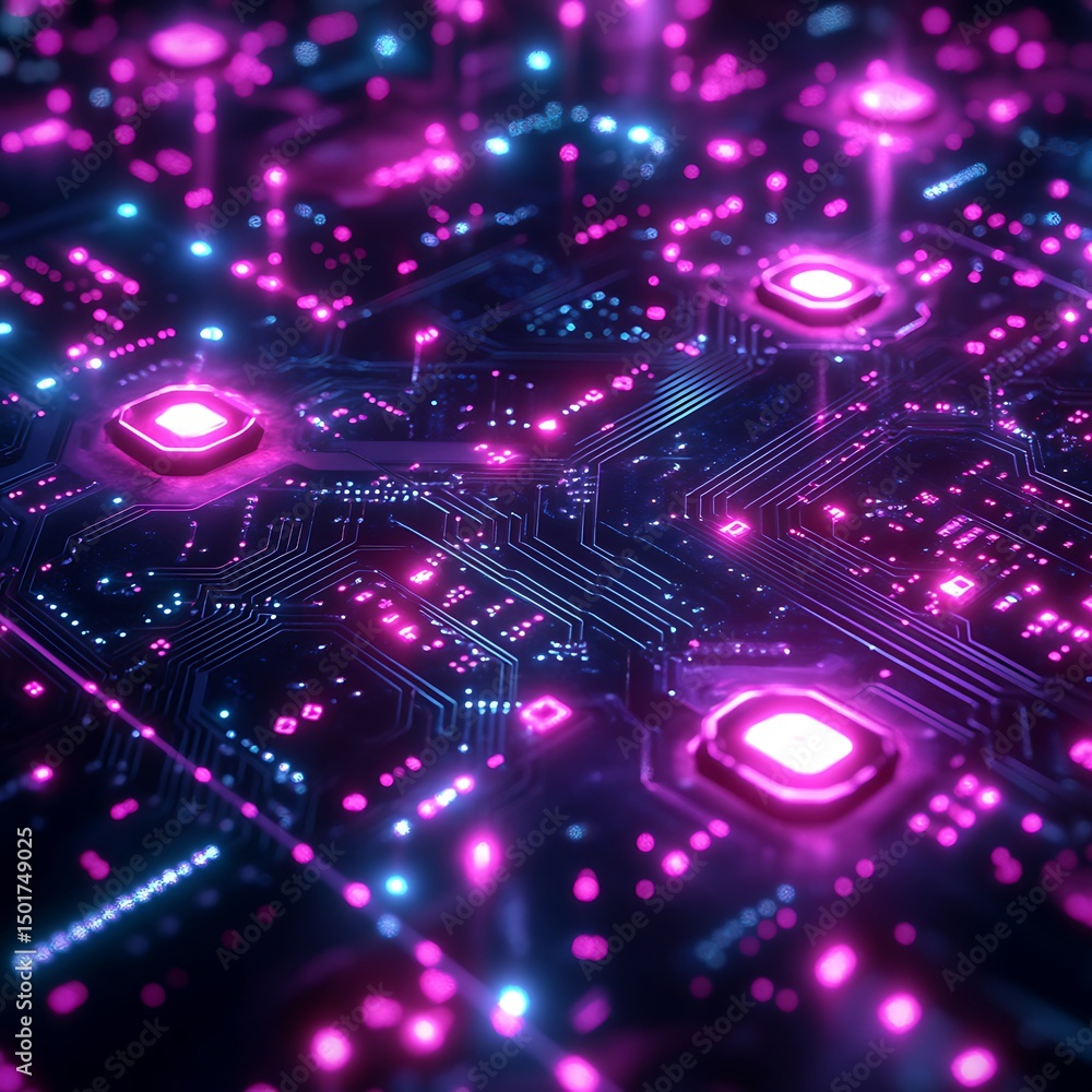 Poster futuristic glowing circuit board showcasing technology and data processing in a high resolution phot