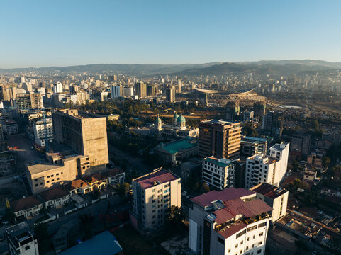 Aerial view of modern cityscape with high-rise buildings and a busy urban landscape, Bole, Addis Ababa, Ethiopia.