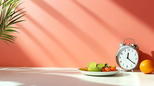 A sleek alarm clock displaying an intermittent fasting window, placed beside a plate with healthy food, symbolizing structured eating habits.