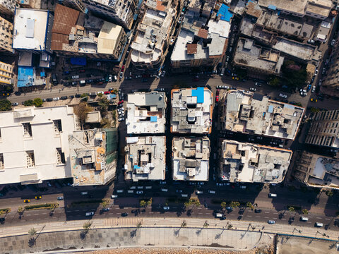 Aerial view of beautiful urban architecture and residential buildings with city streets and rooftops, Alexandria, Alexandria, Egypt.