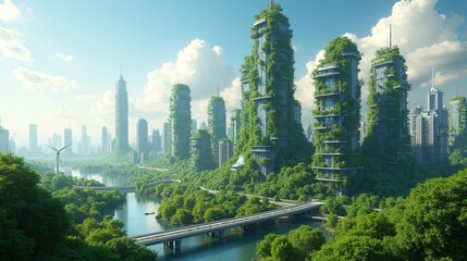 Fototapeta premium A Futuristic City with Green Architecture and Renewable Energy Sources
