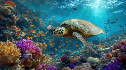 Fototapeta premium Sea turtle swims gracefully through vibrant coral reef ecosystem underwater ocean life marine biology