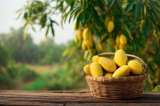 Summer scene with wooden basket of mangoes and green mango trees in soft daylight