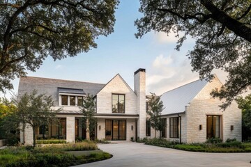 Modern stone house surrounded by greenery at sunset showcasing contemporary architecture and design elements in a tranquil suburban setting
