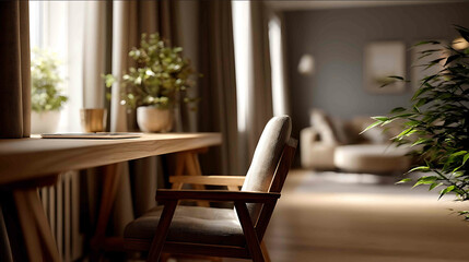 Obraz premium Simple cozy office space warm ambient lighting soft blur depthoffield effect minimalist desk and chair subtle shadows natural light from a side window small