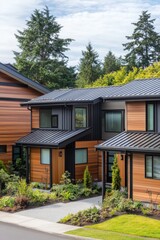 Fototapeta premium Modern townhouses with wooden siding and sleek metal roofs in a serene neighborhood surrounded by lush greenery on a clear day