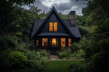 Fototapeta premium Cozy black cottage illuminated at dusk surrounded by lush greenery and vibrant garden, capturing the enchanting atmosphere of a peaceful evening in nature
