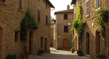 Obraz premium A narrow cobblestone street lined with old stone buildings and green vines grown