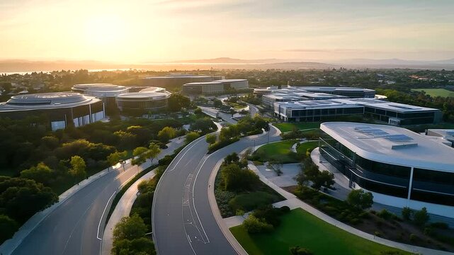 Aerial drone shot of an enormous tech campus with multiple data center buildings, winding roads, and a surrounding green buffer zone.