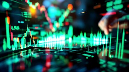 Hand interacting with stock market data on tablet - Powered by Adobe