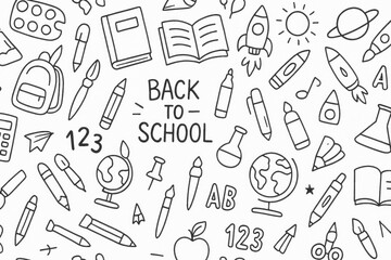 Back to School doodles hand drawn style icons set.Seamless pattern with school supplies,lettering, cartooning elements and cute design for kids.