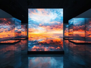 Fototapeta premium Dynamic art installation displaying vibrant sunset reflections modern gallery digital art contemporary setting aesthetic perspective