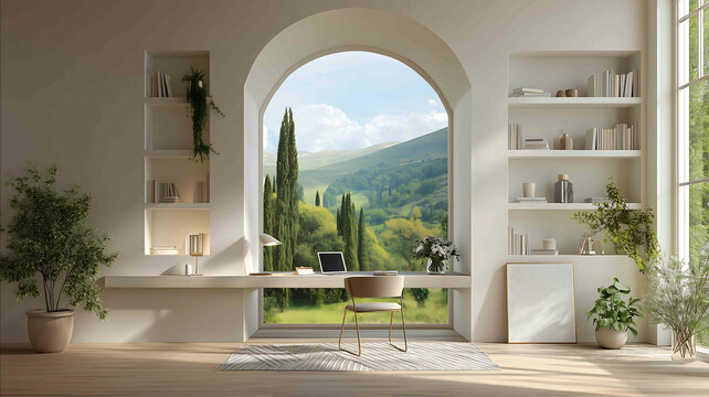 Hyperrealistic interior of a minimalist home office setup for a Zoom meeting background white walls large window showing a lush Italian landscape with rollin