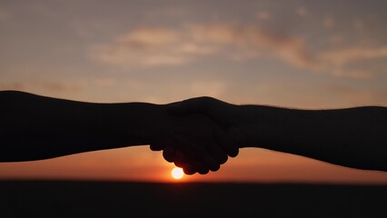 Two people shake hands, conclude successful contract agreement, sign of support for partnership cooperation. Businessmen man woman greet each other with gesture of hands against sky. Hand silhouette