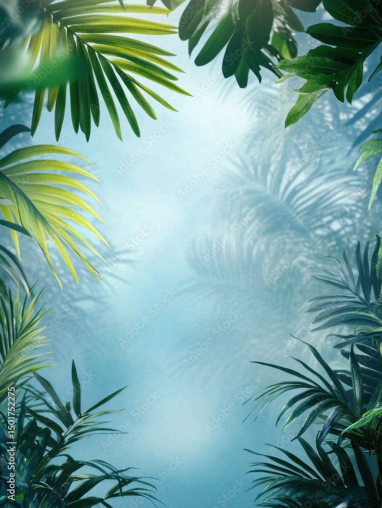 Poster tropical palm leaves frame on blue background with shadows from below eye level in studio setting