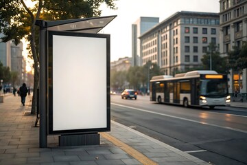 Blank advertisement mockup at the city bus shelter.
