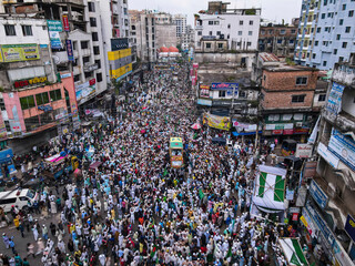 Chittagong, Bangladesh - 09 October 2022: Aerial view of a vibrant festival with a bustling crowd in a lively cityscape, Chittagong, Bangladesh.