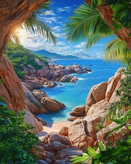 Obraz premium Tropical beach cove view framed by rocks and palm trees sunny day idyllic scene paradise coast
