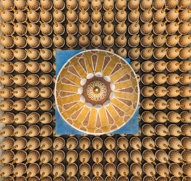 Aerial view of the intricate 201 Dome Mosque with its golden dome and ornate architecture, Jhawail Union, Bangladesh.