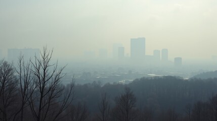 Cityscape Covered in Smog with Dying Trees in the Foreground