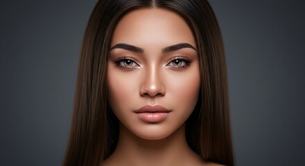 Fototapeta premium Close up shot of a woman with brown hair and light eyes against gray background