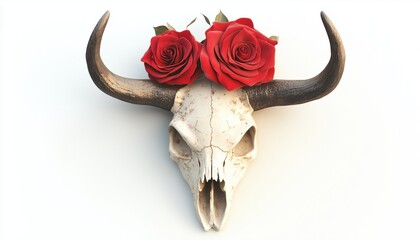 &ldquo;White Background With Bull Skull And Roses Pen&rdquo; - Illustration Featuring A Pen Decorated With A Bull Skull And Roses On A White Background.