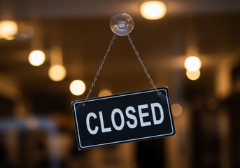Shop window with closed sign hanging, warm background lights, possible use for closure