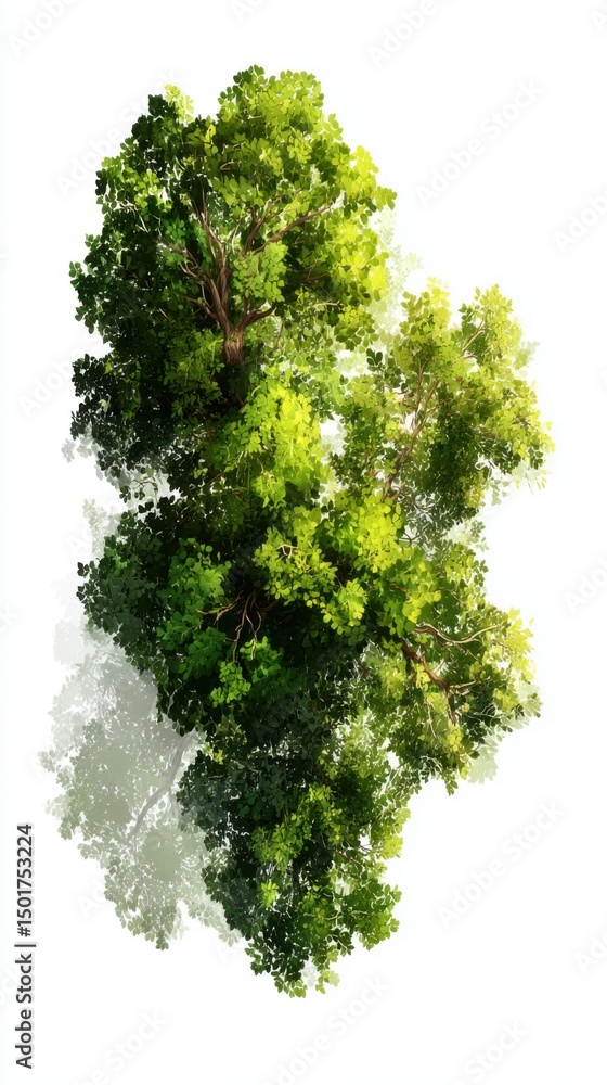 Poster tree top view from below with green leaves and branch structure on white background artistic illustr