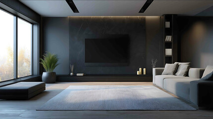 Front view A minimalist and modernstyle living room with black TV wall carpet and no furniture Modern minimalist style