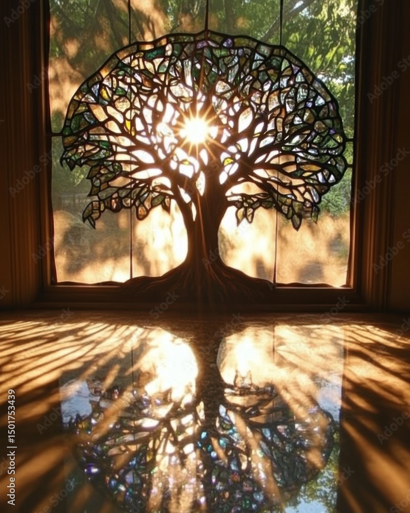 Poster stained glass tree of life in window with sunlight streaming through and reflection on floor in inte
