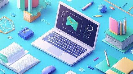 Colorful digital workspace with laptop and stationery items.