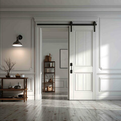 a modern white matte room door with moldings carpentry barn style
