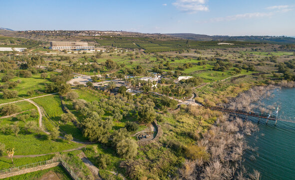 Aerial view of Kfar Nahum National Park along the Jordan River, Sea of Galilee, Israel.