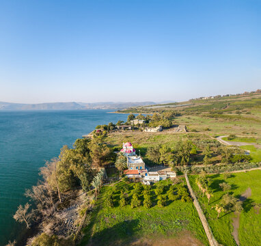 Aerial view of Capernaum Synagogue along the Jordan River, Sea of Galilee, Israel.