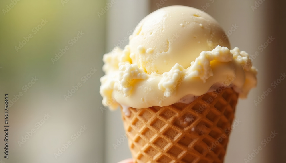 Poster a person is holding a scoop of ice cream in a waffle cone. the ice cream is white and he is melting 