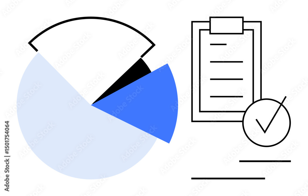 Poster pie chart with highlighted sections next to a checklist clipboard with a checkmark. ideal for analyt