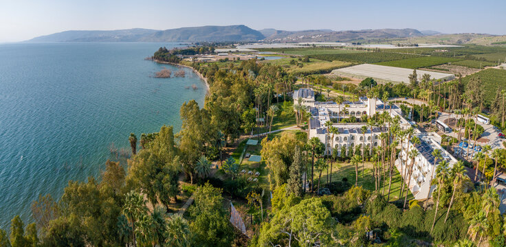 Aerial view of a luxury resort along the Jordan river coastline, Sea of Galilee, Israel.