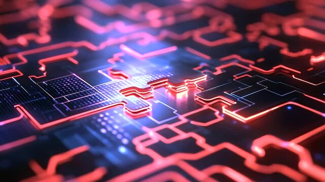 Puzzle pieces made of bright, glowing data blocks interlocking to form a larger system, with a digital, high-tech backdrop of wireframe structures and code.
