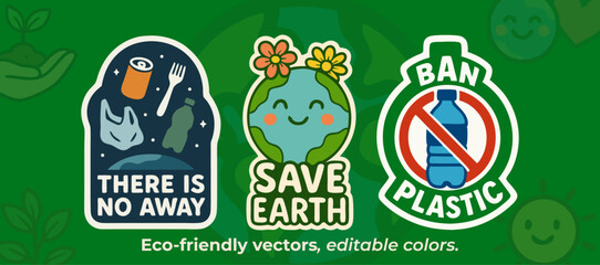 There Is No Away, Save Earth and Ban Plastic Vector Set &ndash; Editable Environmental Icons with Trash, Cute Planet and Anti-Plastic Symbol &ndash; AI and EPS Sustainability Graphics
